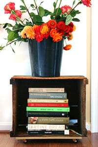 cookbook stand and a bucket of ranunculus
