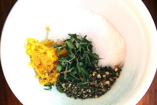 the rub — orange zest, thyme, salt, pepper and sugar the rub — orange zest, thyme, salt, pepper and sugar