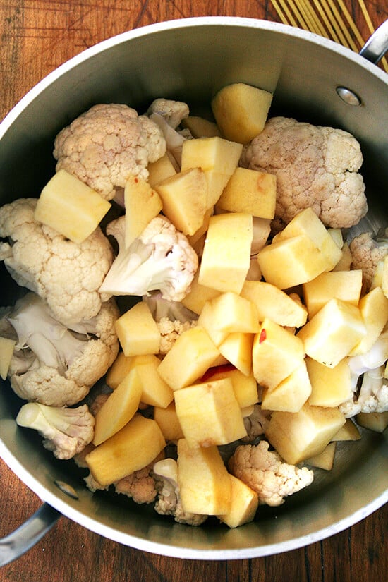cauliflower and apples in soup pot cauliflower and apples in soup pot
