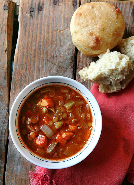 Lentil soup and homemade bread