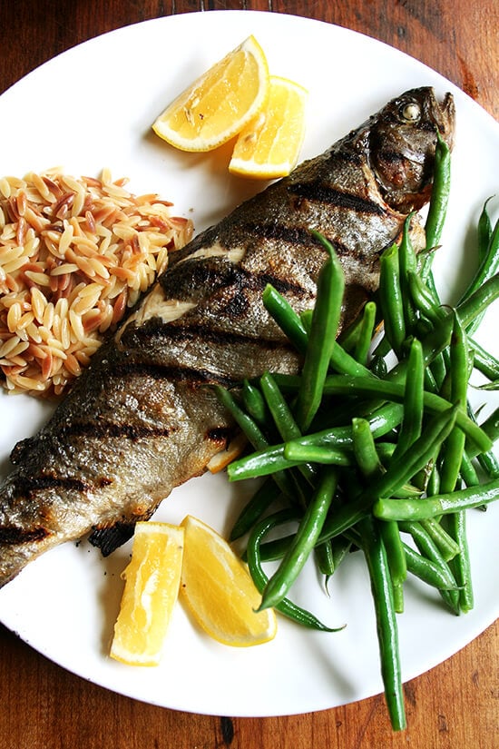 Whole grilled trout with green beans and orzo Whole grilled trout with green beans and orzo