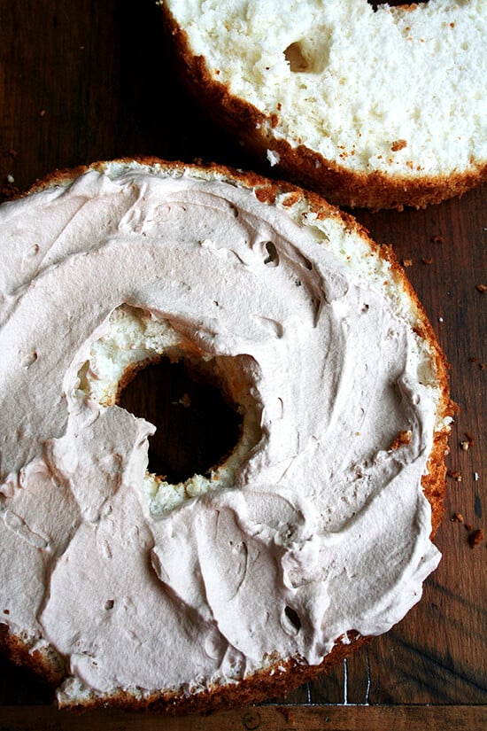 frosted, halved angel food cake frosted, halved angel food cake