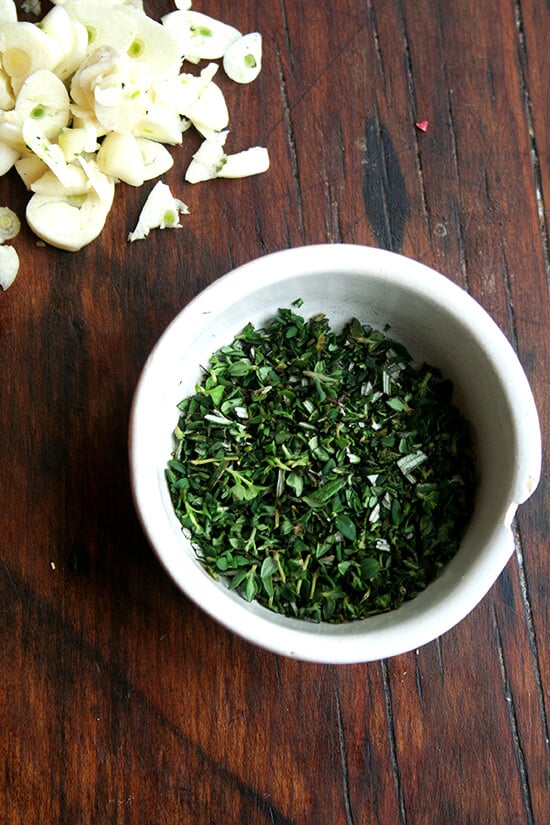 minced herbs and sliced garlic minced herbs and sliced garlic
