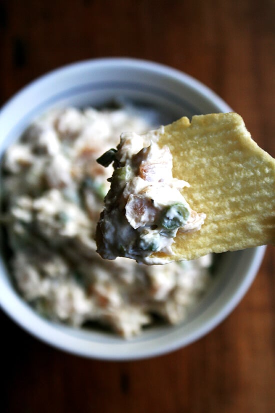 caramelized onion and sour cream dip with Ruffles potato chips